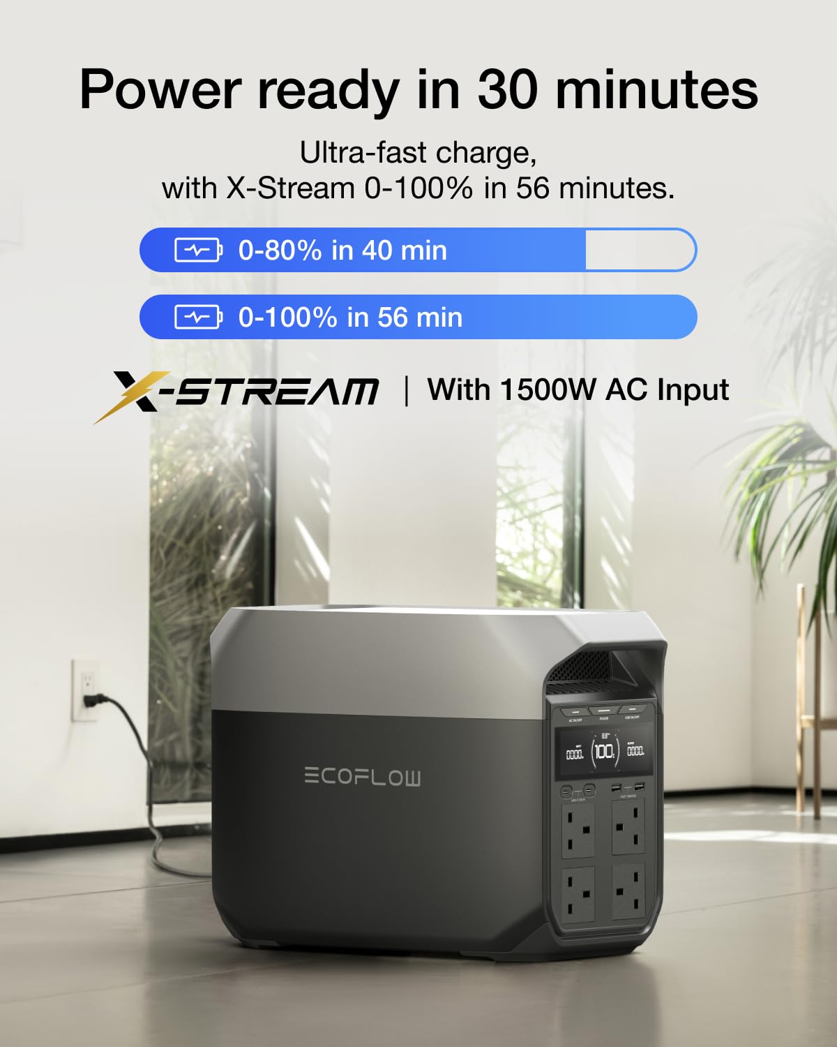 ECOFLOW DELTA 3 Portable Power Station, 1024Wh Solar Generator, LiFePO4 Battery, 0-70% Quick Charge in 30 Min, Expandable to 5kWh, Backup Power with UPS for Home, Camping & RV