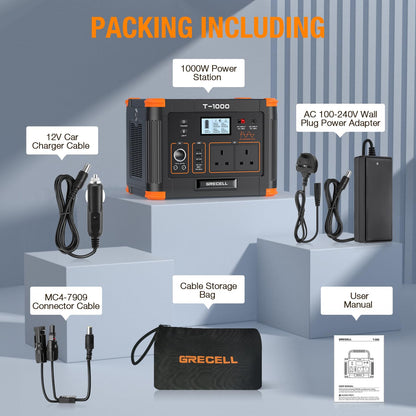 Portable Power Station 1000W(Peak 2000W), GRECELL 999Wh Outdoor Solar Generator Backup Battery Pack with 2 230V AC Outlets, 1000W 10-Port Powerhouse for RV/Van Camping Road Trip Home Emergency