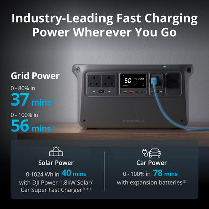 DJI Power 1000 V2 Portable Power Station, 1024Wh LFP Battery, Compact Size, 2600W Stable Output, 0-80% Recharge in 37 Mins, Electric Generator for Home, Camping, RVs, Off-Grid