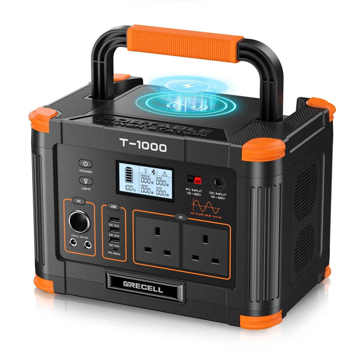 Portable Power Station 1000W(Peak 2000W), GRECELL 999Wh Outdoor Solar Generator Backup Battery Pack with 2 230V AC Outlets, 1000W 10-Port Powerhouse for RV/Van Camping Road Trip Home Emergency