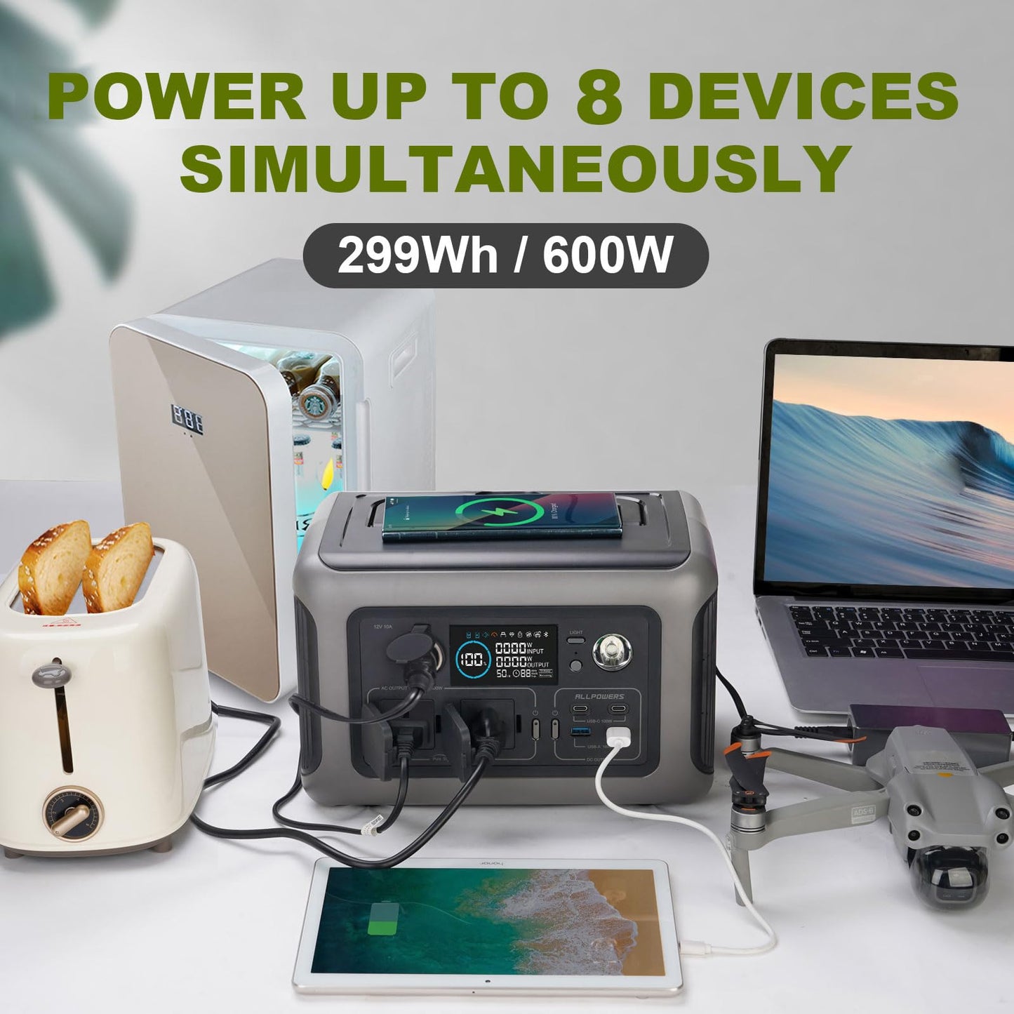 ALLPOWERS Portable Power Station R600, 299Wh LiFeP04 Battery with 2x 600W (1200W Surge) AC Outlets Solar Generator, Recharge from 0-100% in 1 Hour, for Outdoor Camping RV Home Use