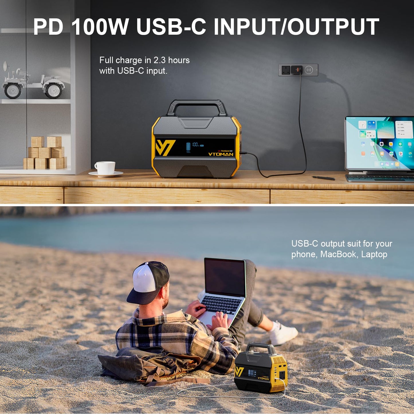 VTOMAN FlashSpeed 300 Portable Power Station Up to 600W Output, 230Wh Solar Generator with LiFePO4 Battery, Fast Charging 100W USB-C, 3000 Cycles, 6 Outlets for Home, Camping, RV, Fishing