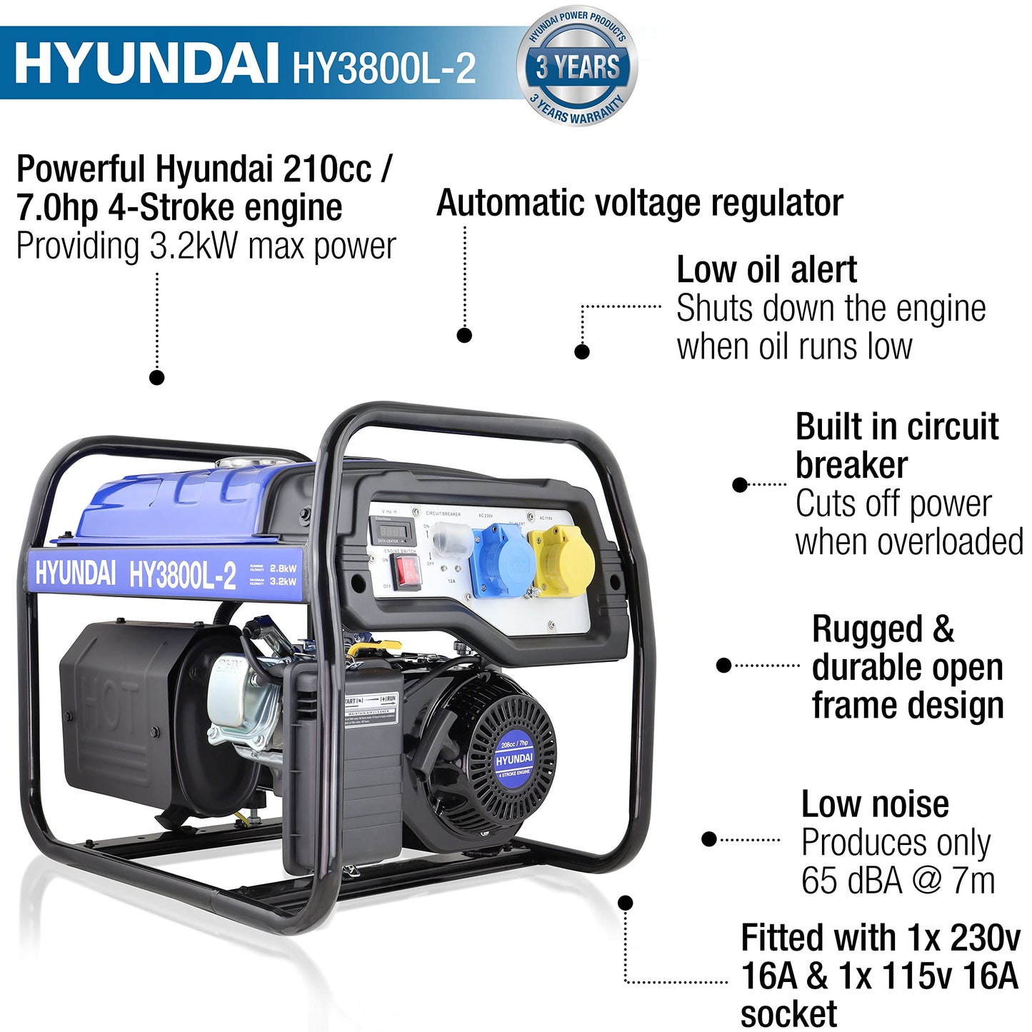 Hyundai Petrol Open Frame Generator 3.2kW / 4kVA, For Home or Site Use Powering Power Tools, Lighting Rrigs, Garages, Workshops, 3 Year Warranty