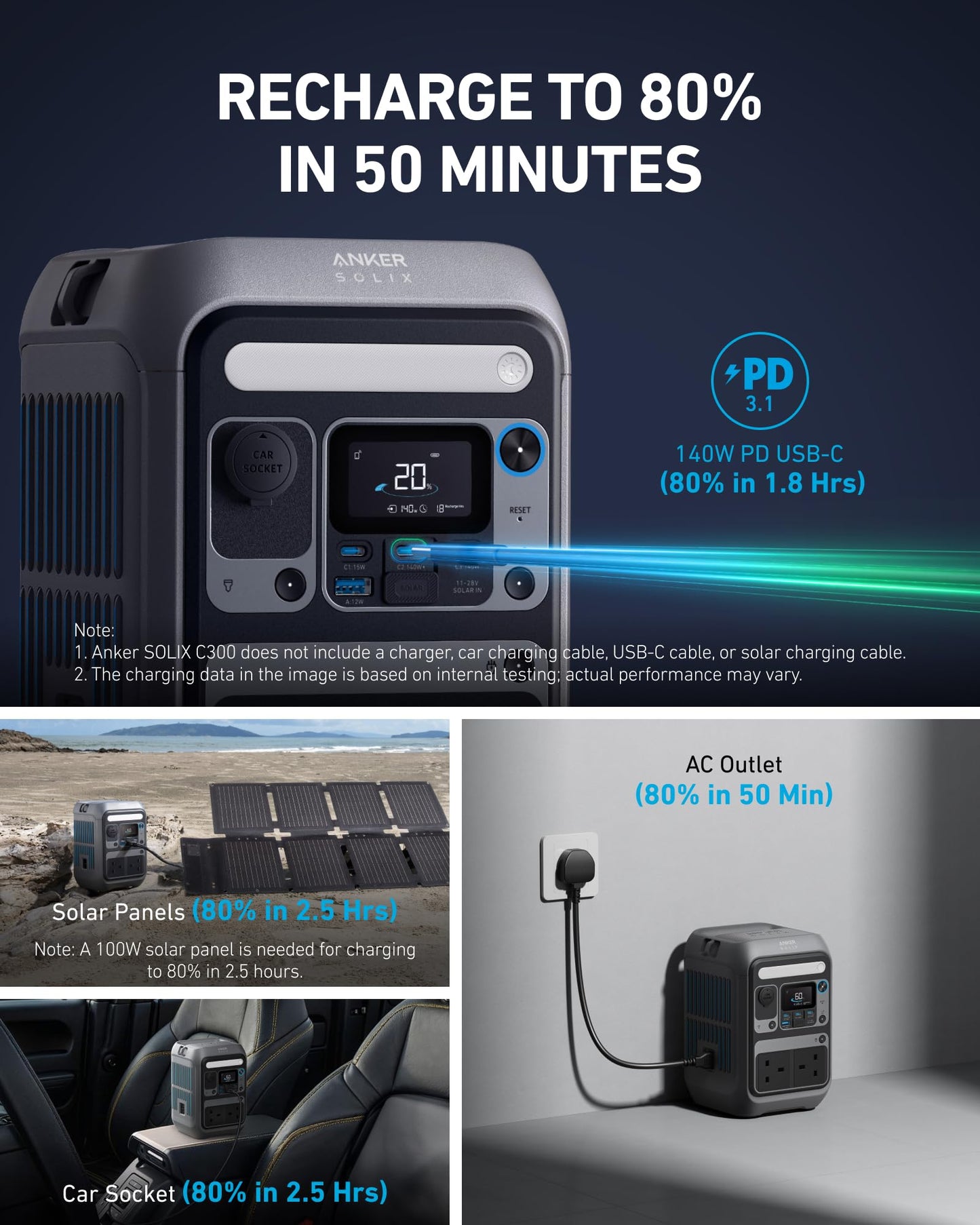 Anker SOLIX C300 Portable Power Station, Outdoor 288Wh LiFePO4 Battery, 300W (600W Surge) Solar Generator, 140W Two-Way Fast Charging, For Camping, Traveling, and Emergencies